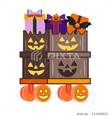プレゼントを乗せたユニークなジャックオーランタンの台車のイラスト 131046951