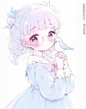 小鳥と一緒に微笑む眼鏡の女の子イラスト 小鳥と一緒に微笑む眼鏡の女の子イラスト 131046969