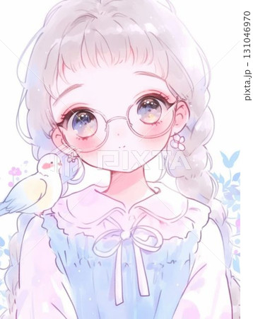 小鳥を肩に乗せたかわいい眼鏡の女の子イラスト 131046970