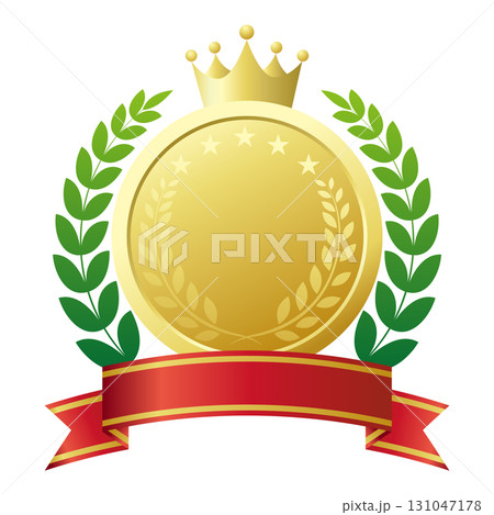 ランキングアイコン。メダルと赤いリボンと王冠を使った装飾フレーム。白背景にベクターイラスト。 131047178
