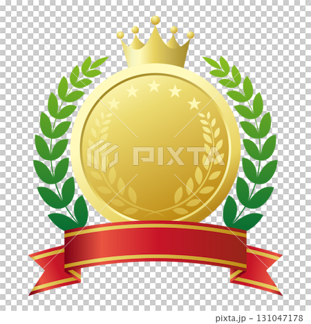 ランキングアイコン。メダルと赤いリボンと王冠を使った装飾フレーム。白背景にベクターイラスト。 131047178