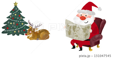世界地図を見ているサンタクロースとクリスマスツリーの横で眠るトナカイのイラスト 131047545