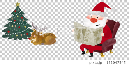 聖誕老人看著世界地圖和一隻馴鹿在聖誕樹旁睡覺的插圖 131047545