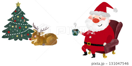 サンタクロースとトナカイがクリスマスツリーの飾った部屋で居眠りしているクリスマスイラスト 131047546