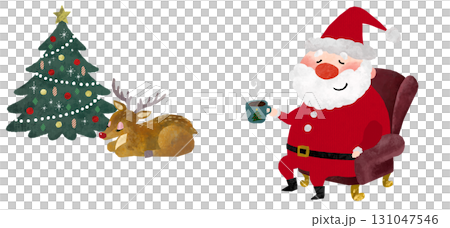 サンタクロースとトナカイがクリスマスツリーの飾った部屋で居眠りしているクリスマスイラスト 131047546