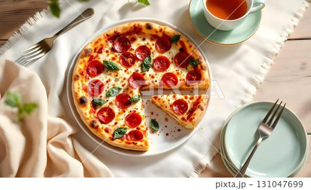 White plate with deep-dish pizza topped with pepperoni and cheese, accompanied by a cup of coffee and a napkin 131047699