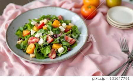 A plate of Basque salad showcasing summer flavors with tomatoes, cheese, and spinach, ready to be enjoyed 131047791