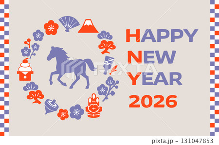 干支の馬と正月モチーフの年賀状イラスト(紫×橙) 干支の馬と正月モチーフの年賀状イラスト(紫×橙) 131047853