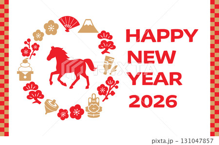 干支の馬と正月モチーフの年賀状イラスト（赤×金） 131047857