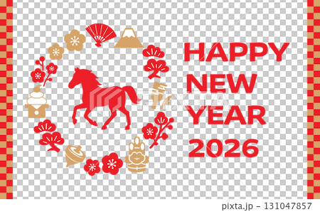 干支の馬と正月モチーフの年賀状イラスト（赤×金） 131047857
