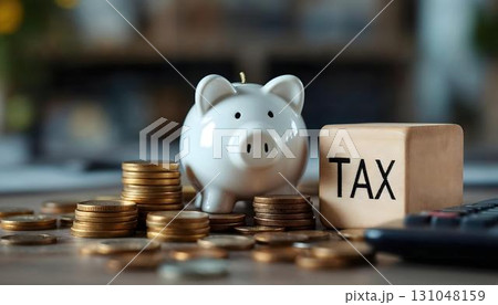Tax calculator alongside a piggy bank on a wooden table, emphasizing the tax day concept and financial readliness Tax calculator alongside a piggy bank on a wooden table, emphasizing the tax day concept and financial readliness 131048159