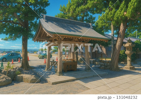 神社の手水舎と自然風景／Shinto Chōzuya with Nature Scene 131048232
