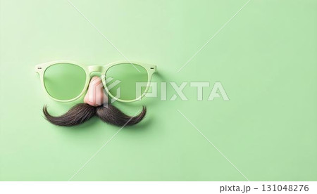 A playful green mustache and glasses against a vibrant green background, perfect for April Fools Day fun A playful green mustache and glasses against a vibrant green background, perfect for April Fools Day fun 131048276