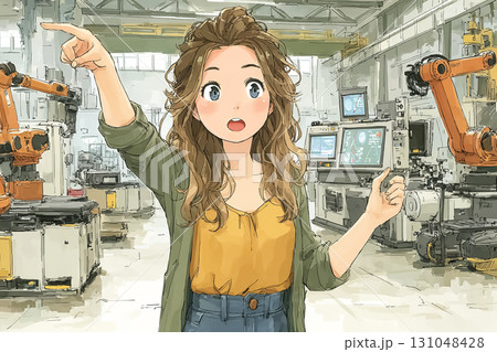 美優シリーズ：工場DX 美優が未来型工場で自動生産ラインを操作するシーン 131048428