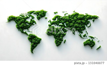 A green world map set on a white background, capturing the essence of Earth Day and the commitment to sustainability and recycling 131048877