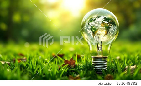 A light bulb on grass symbolizes green energy and eco-friendliness, highlighting the Earth Hour concept and natures beauty 131048882