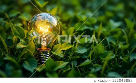 A light bulb resting in grass symbolizes eco-friendly energy and the Earth Hour initiative for a sustainable future 131048883