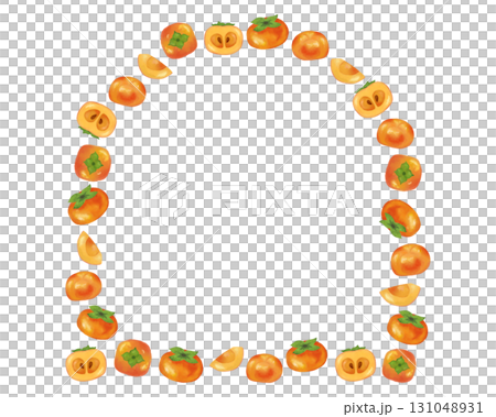 Watercolor persimmon arch frame material, autumn fruit illustration that can be used for food packaging and recipe books, Japanese-style design decorative frame 131048931