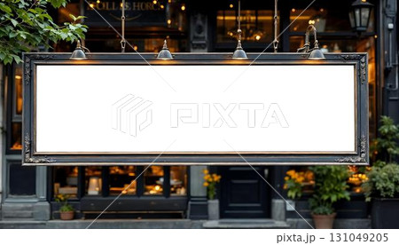 Blank billboard frame mockup on a street, ideal for showcasing advertising for storefront promotions Blank billboard frame mockup on a street, ideal for showcasing advertising for storefront promotions 131049205