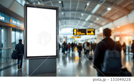 White billboard in a vast airport building, currently empty and available for mockup advertising 131049228