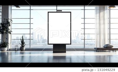 An unoccupied white billboard within a large airport structure, showcasing potential for mockup advertising 131049229