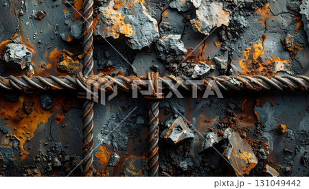 《AI画像》風化して鉄筋が剥き出しになったコンクリートの壁 131049442