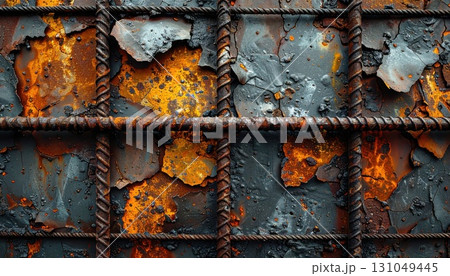《AI画像》風化して鉄筋が剥き出しになったコンクリートの壁 131049445