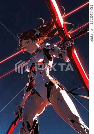 ボディスーツの赤いレーザーの武器で戦うサイバー美少女 ボディスーツの赤いレーザーの武器で戦うサイバー美少女 131049455