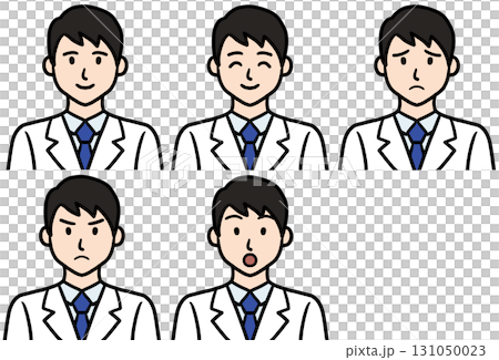 Young male doctor scientist researcher facial expression icon set in white coat Young male doctor scientist researcher facial expression icon set in white coat 131050023