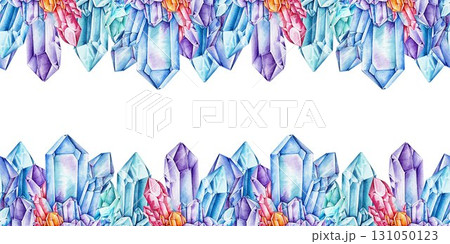 Crystal seamless border decor ornamental element watercolor illustration. Hand drawn vibrant multicolor gemstone vintage style mineral horizontal decoration isolated on white background Crystal seamless border decor ornamental element watercolor illustration. Hand drawn vibrant multicolor gemstone vintage style mineral horizontal decoration isolated on white background 131050123
