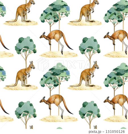 Cute kangaroos in gum tree landscape hand drawn seamless pattern. Australia native marsupial mammals vintage style painted illustration. Kangaroo animals endless pattern design element Cute kangaroos in gum tree landscape hand drawn seamless pattern. Australia native marsupial mammals vintage style painted illustration. Kangaroo animals endless pattern design element 131050126