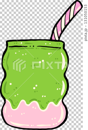 Ice Matcha Latte with Straw Green and Pink  Hand Drawn 131050153