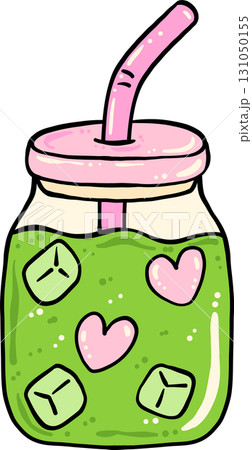 Ice Matcha cup with Straw Green and Pink  Hand Drawn 131050155
