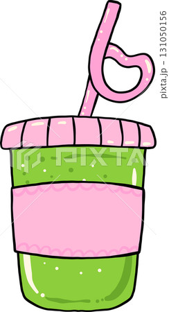 Ice Matcha Latte with Heart Straw Green and Pink  Hand Drawn 131050156