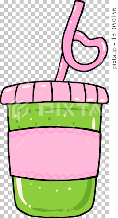 Ice Matcha Latte with Heart Straw Green and Pink  Hand Drawn 131050156