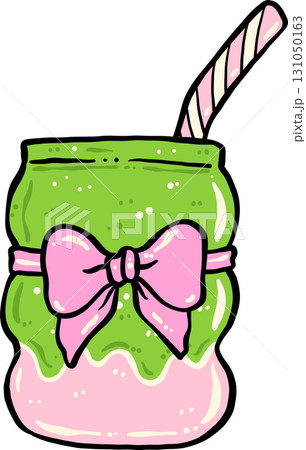 Girly Coqutte Matcha Latte with Bow Green and Pink  Hand Drawn 131050163