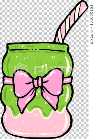 Girly Coqutte Matcha Latte with Bow Green and Pink  Hand Drawn 131050163
