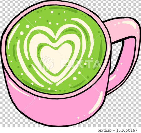 Matcha Latte Art in Pink Mug Hand Drawn Matcha Latte Art in Pink Mug Hand Drawn 131050167