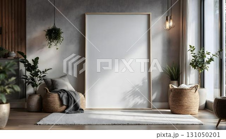 A blank white frame in a room adorned with plants, serving as a mockup for a poster display 131050201