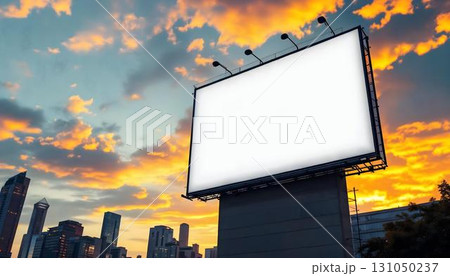 A vacant billboard sits on a lively city street, ready for future mockup advertising campaigns 131050237