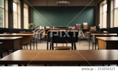 Classroom interior when no people. View from the last seat of the class, space on the previous student's table, warm light from the window, blurred blackboard. 131050323
