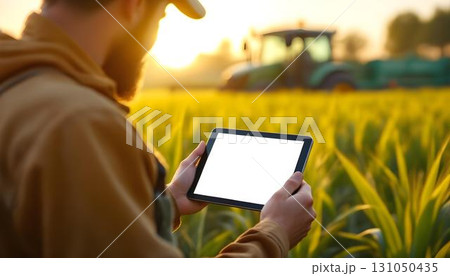 In a field, a farmer uses a tablet while a tractor is visible in the background, highlighting technologys role in farming 131050435