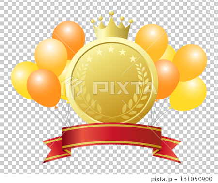 Anniversary icon. Decorative frame with medal and red ribbon and balloons. 131050900