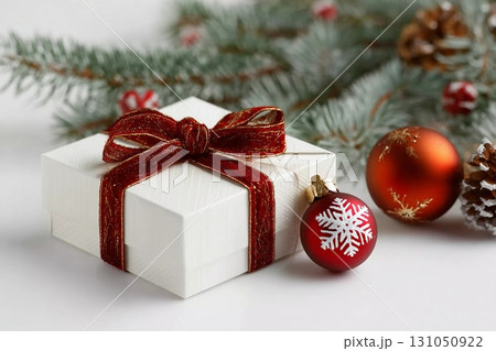A white box with a gift tied with a red ribbon, a spruce branch and obligatory decorations on a white background. A white box with a gift tied with a red ribbon, a spruce branch and obligatory decorations on a white background. 131050922