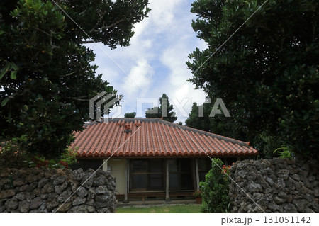 波照間島のサンゴの石垣に囲まれた赤瓦屋根の伝統家屋 131051142