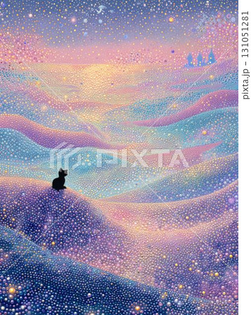 幻想的な丘にたたずむ猫のイラスト 131051281
