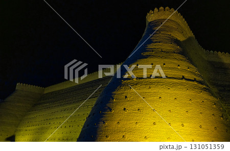 exterior of wall in Ark of Bukhara at night in Bukhara. exterior of wall in Ark of Bukhara at night in Bukhara. 131051359