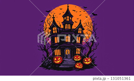 グラフィックTシャツデザインスタイル ハロウィンお化け屋敷。カボチャの頭。紫色の背景 131051361