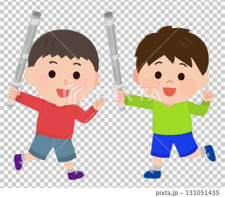 新聞紙で作った剣でチャンバラをする男の子たち　イラスト 131051435
