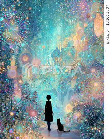 宝石の森で佇む少女と黒猫の幻想アート 131051607